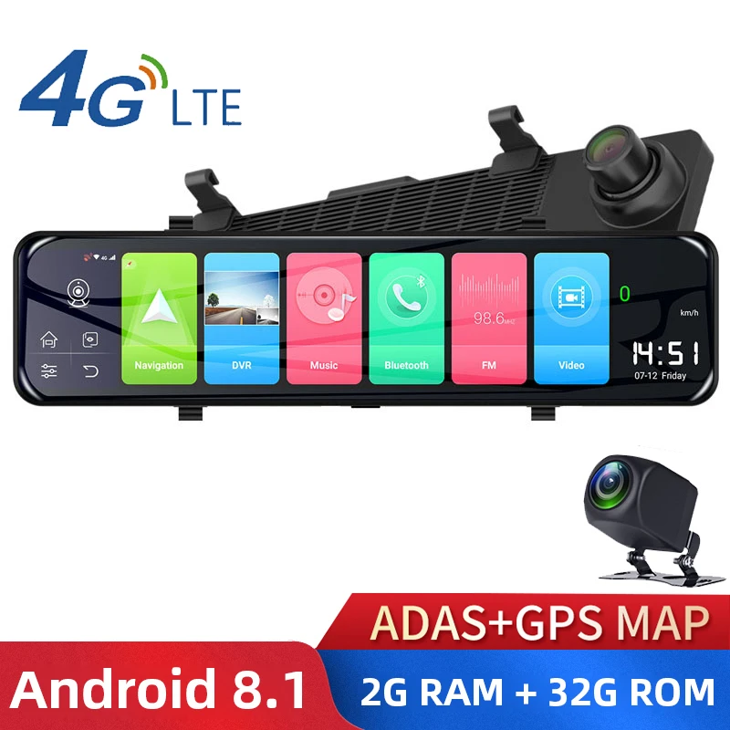4G Автомобильный видеорегистратор Камера 12 &quotAndroid зеркало заднего вида WIFI GPS ADAS HD