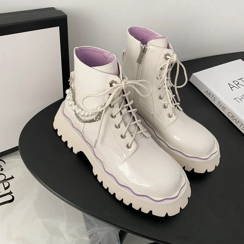 

Women Boots Luxury Brand High Quality 2021 Round Toe Platform Thick Bottom Shoes Chian Ankle Boots Pearls Yong Lady Booties New