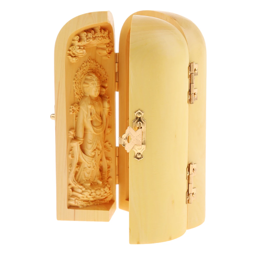 Магидеал Тибетский буддизм Boxwood Kwan-yin Shakyamuni GuanYin 3 статуя Будды в коробке | Дом и сад