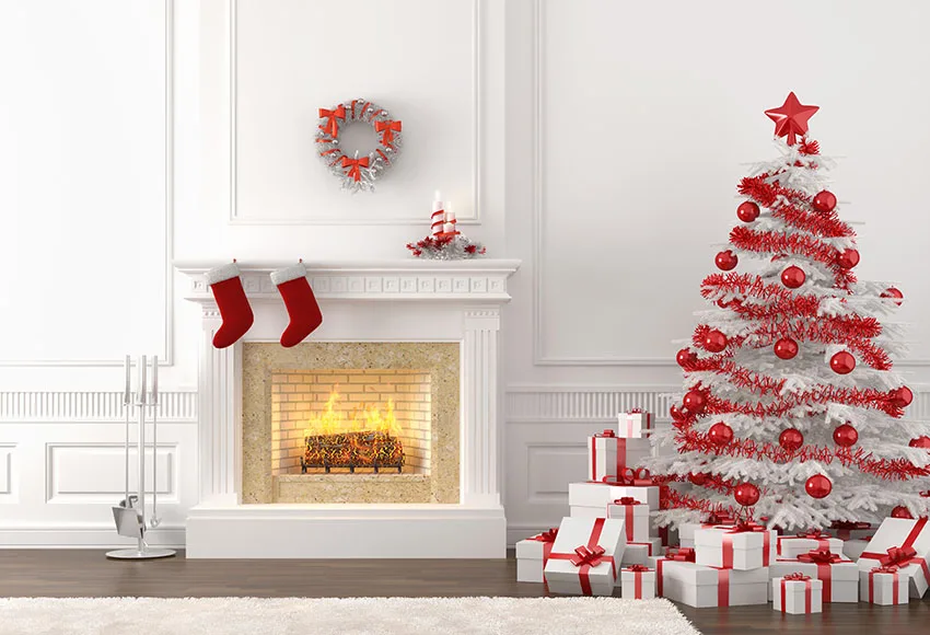 Фотофон Avezano Рождественская елка камин рождественские чулки зимние обои