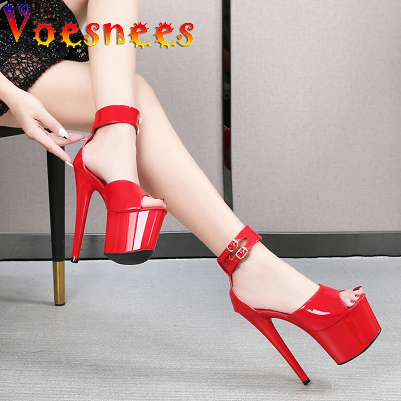 

Voesnees Brand New Women Shoes 2021 Summer Stiletto Sandals Patent Leather Thin Heels T-tied Pole Dance Shoes Sexy High-heels