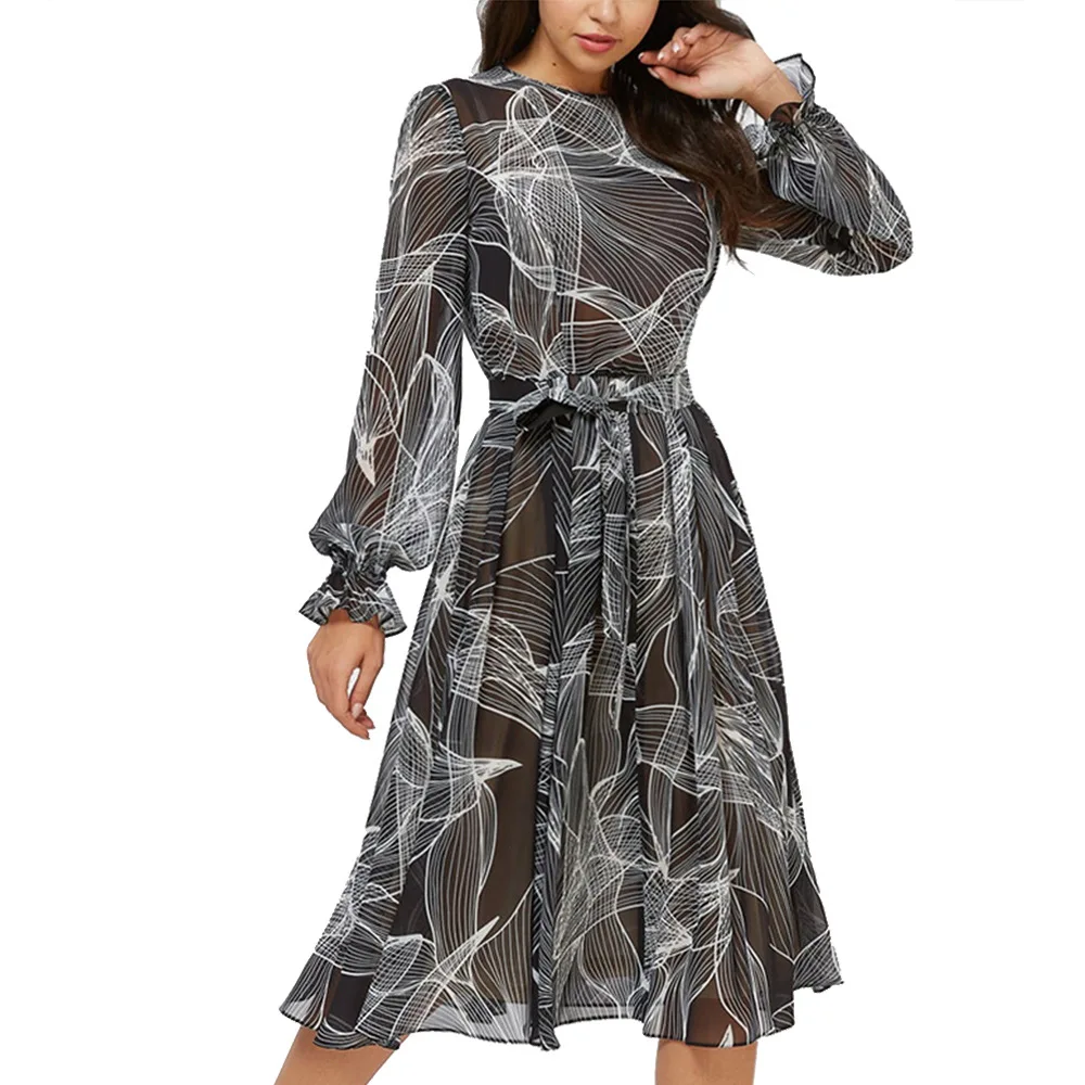 

Women Printing Chiffon Dress Spring Fashion O Neck A Line Party Elegant Women Midi Dress Vestidos De Mujer