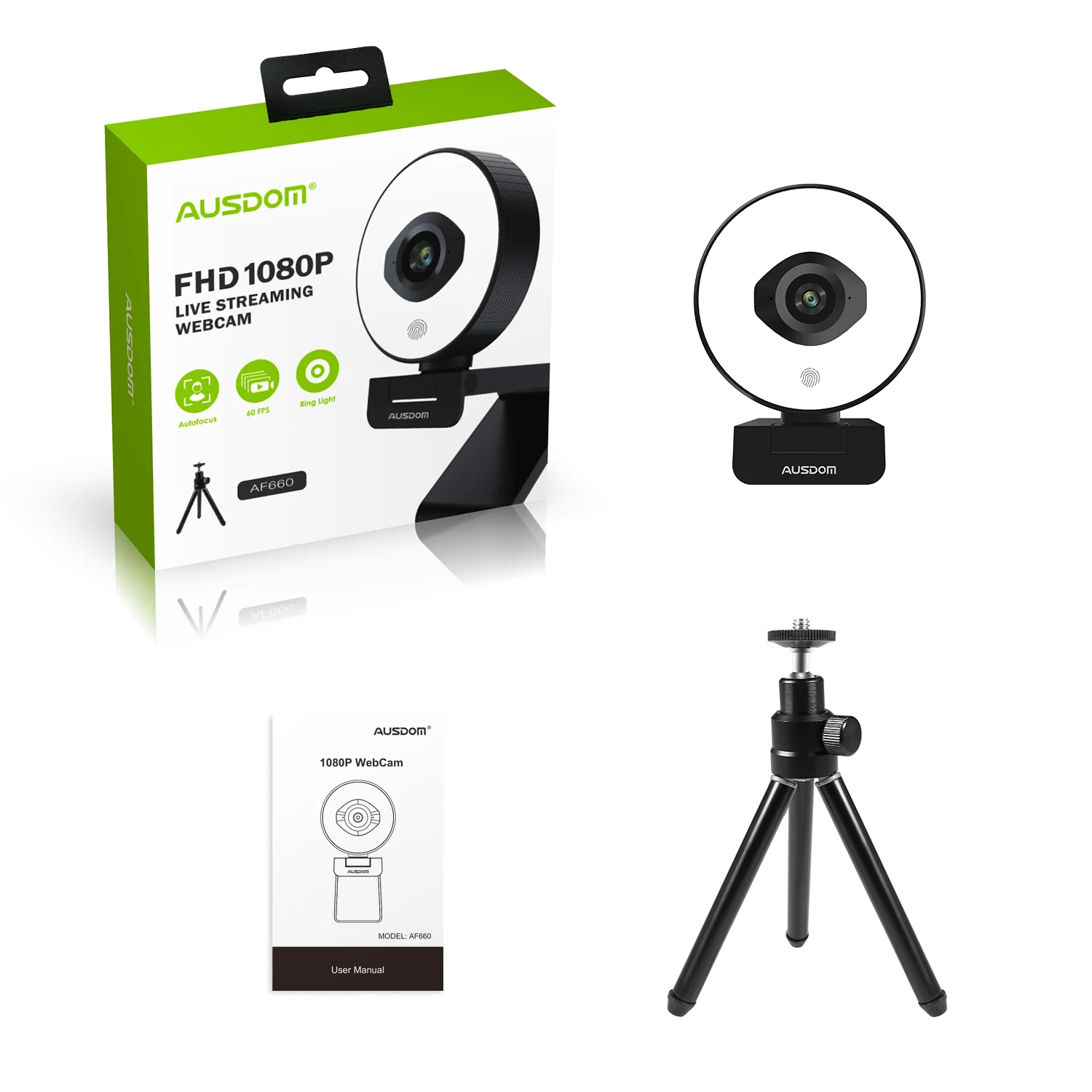 

AUSDOM AF660 FHD 1080P 60FPS Webcam Autofocus 75 Degree Stream Cam With Adjustable Right Light Free Tripod For Live Streaming