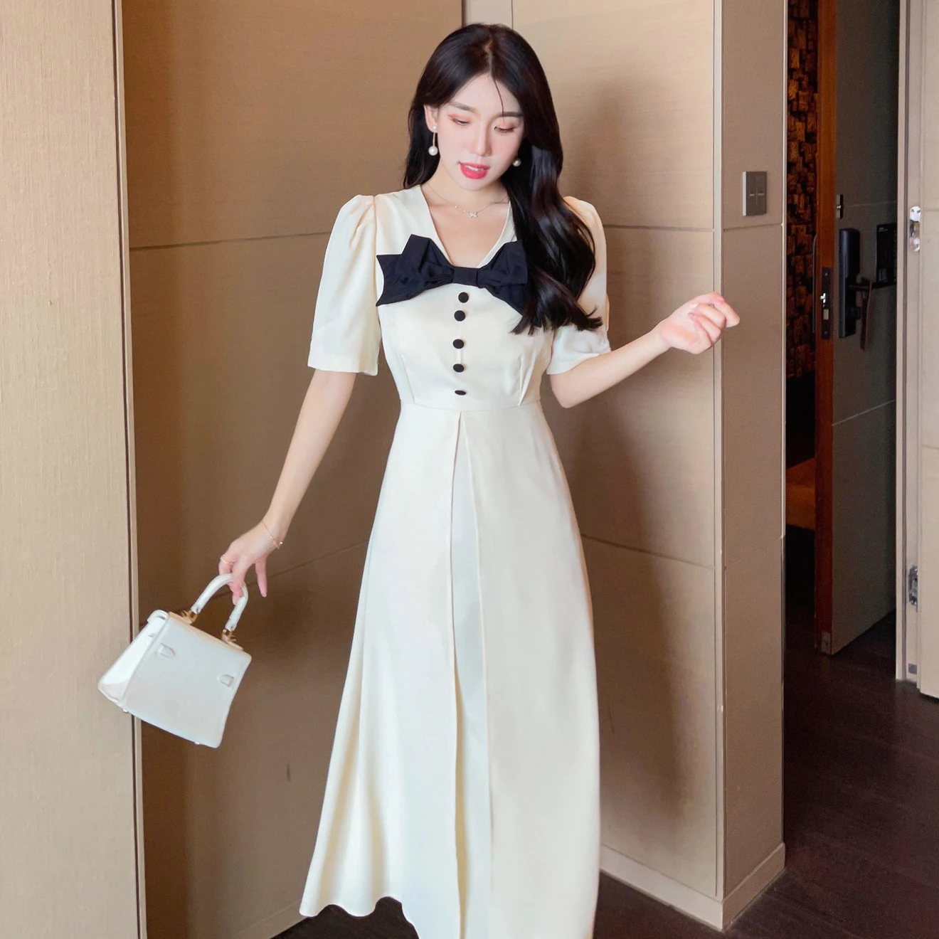 

Women Trendy Vintage High Waist French Female Sexy Midi Dresses Party Summer Leisure Lady Sundress