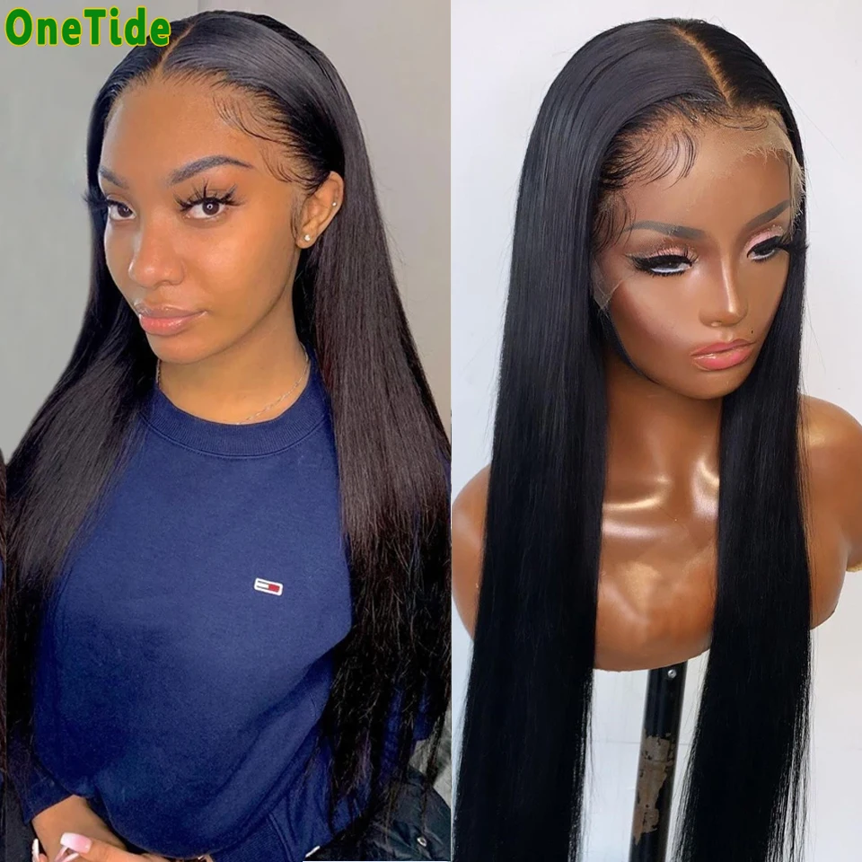 ONETIDE 30 Inch Bone Straight Brown Lace Front Human Hair Wig Pre Plucked Brazilian Natural T Part Lace Frontal Wigs For Women