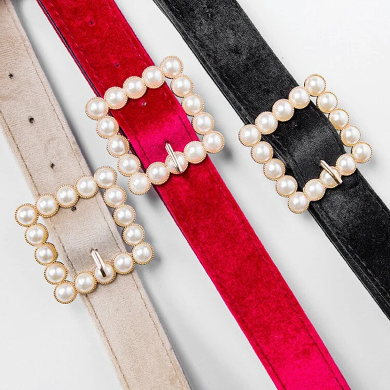 Модный трендовый красный бархатный жемчужный женский ремень с жемчужной пряжкой