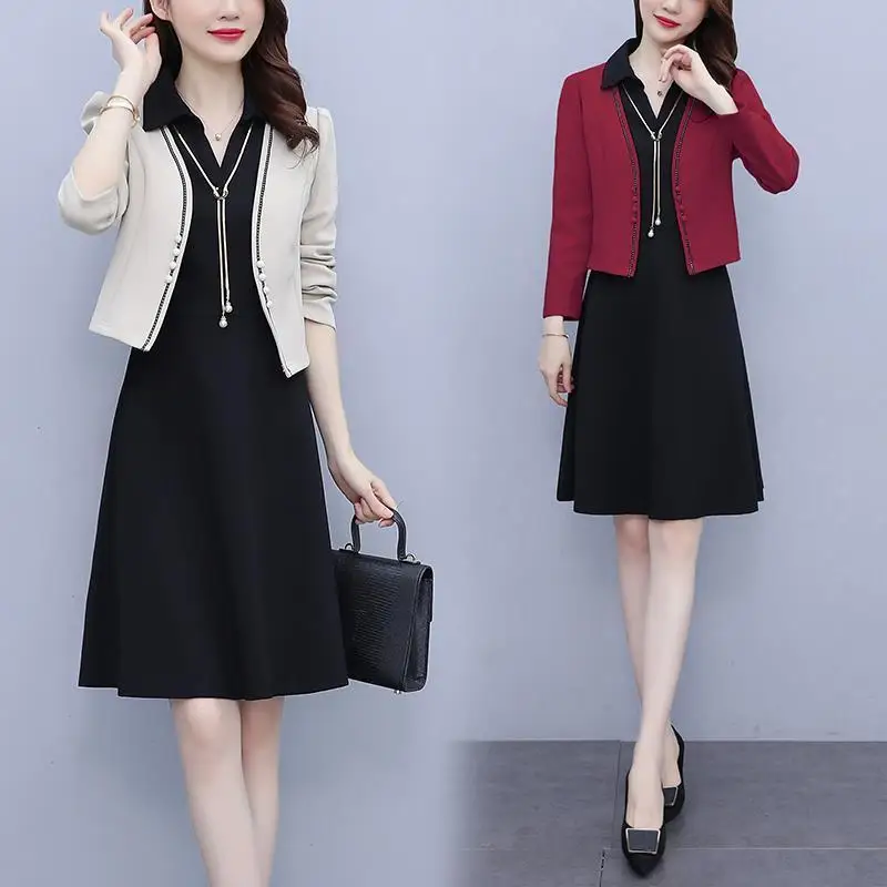 

Новый женский костюм, женский офисный комплект из двух предметов, жилет и платье, однотонные женские костюмы миди J244