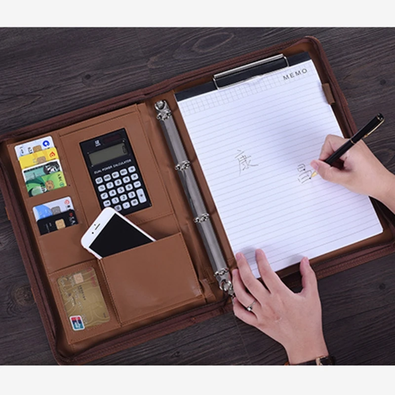 

Portable PU Leather File Folder with Calculator Zipper Business Briefcase Bag