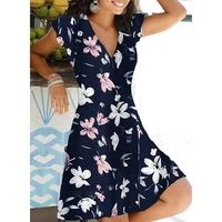 spring summer floral print dress women fashion vintage short sleeve v neck mini dress casual loose a line dress