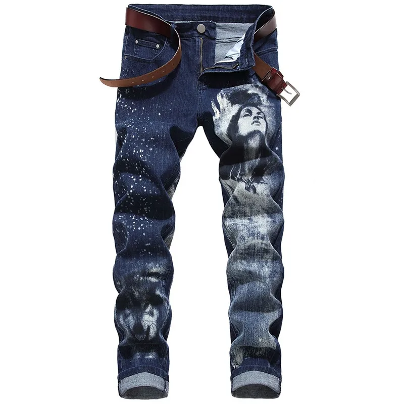 2019 New Men's Casual Slim Patch 3D Jeans Personality Color Print Denim Causal Trousers Pants Ripped Fashion For Men | Мужская