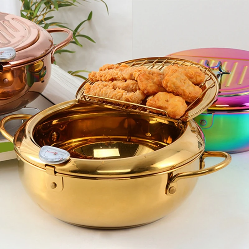 

Stainless Steel Frying Pot with a Thermometer and a Lid Deep Tempura Fryer Pan Skillet Kitchen Tools