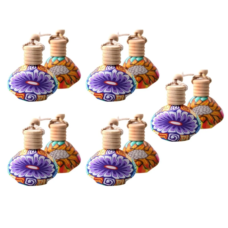 

10Pcs 15Ml Empty Refillable Bottles DIY Floral Art Printed Hanging Car Air Fragrance Bottles (Random Color)