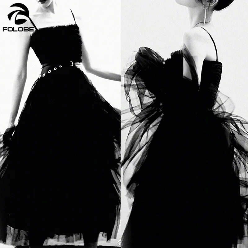 

2021 Хепберн модные черные платья для женщин без бретелек Спагетти ремень оборки Многоуровневая Тюль кожаный ремень платья vestidos mujer