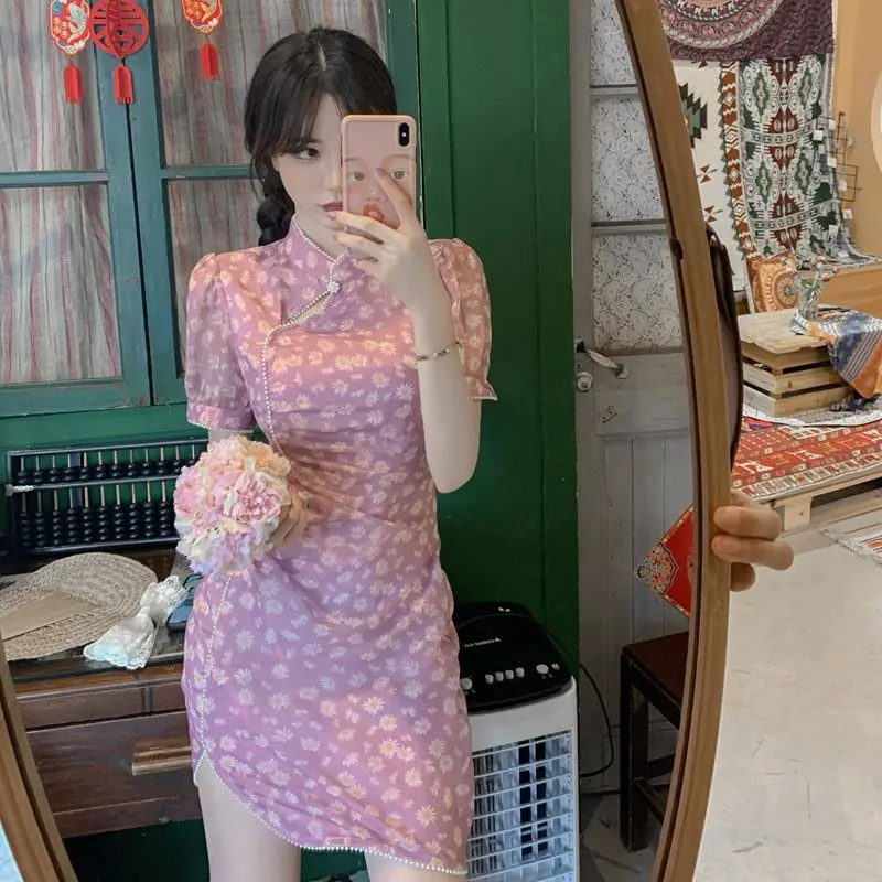 Женский чонсам платье с цветочным принтом короткий рукав половинная водолазка