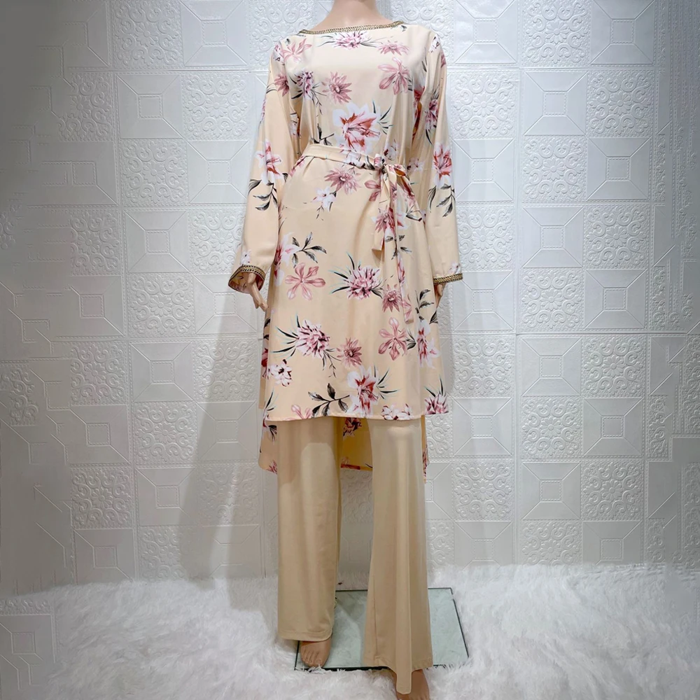 

Женский блестящий комплект из двух предметов, топ с блестками и бисером и длинные брюки с цветочным рисунком, WY96