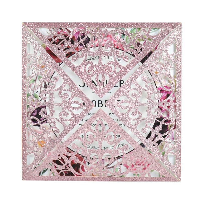 

100pcs Wedding Invitation Cards Square Gold Glitter Laser Cuttting Hollow Invitations Party Supplies Card 150x150mm, 7 Colors