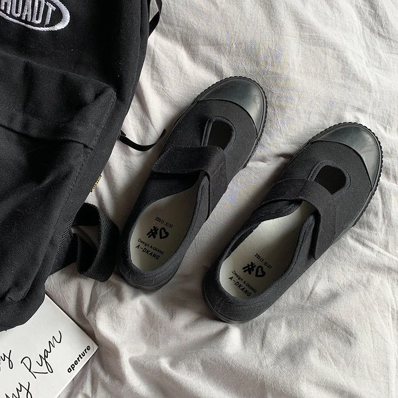 

Canvas Shoes Female 2020 Summer New Korean Retro Black Shoes Hook Loop Nurse Shoes Casual White Shoes Girls Solid Color 35-40
