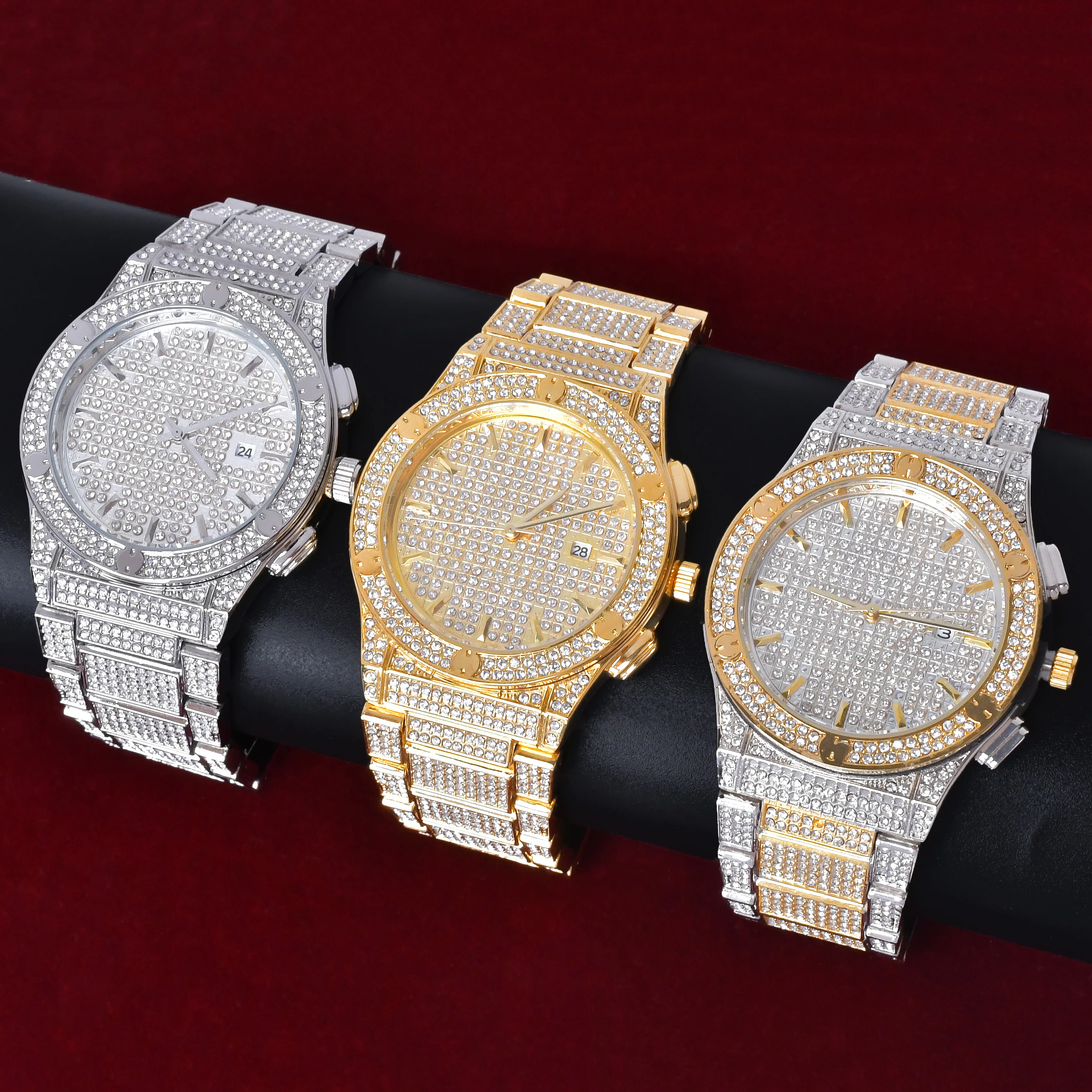 

Square Men's watch Big Dial Military Quartz Clock Luxury Rhinestone Double Color Business Waterproof