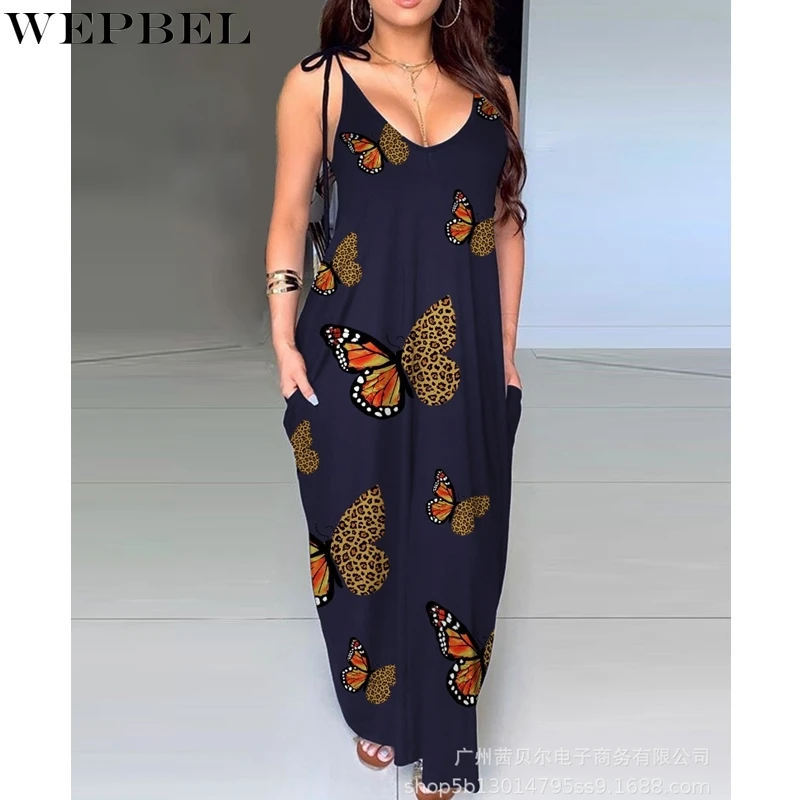 

WEPBEL Sexy V-neck Dress Women's Casual Butterfly Print Loose Dress Summer Sleeveless Lace-up Spaghetti Strap Pocket Dress