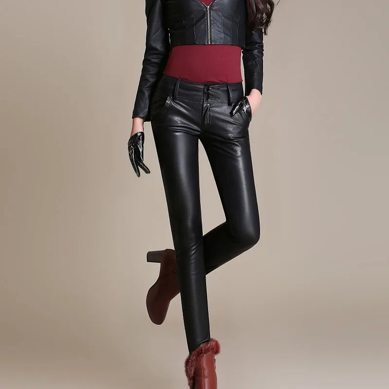 

2020 New Fashion Womens Leather Pants Office Lady High Waist Winter Slim Fit Top Quality Pockets Trouser Black