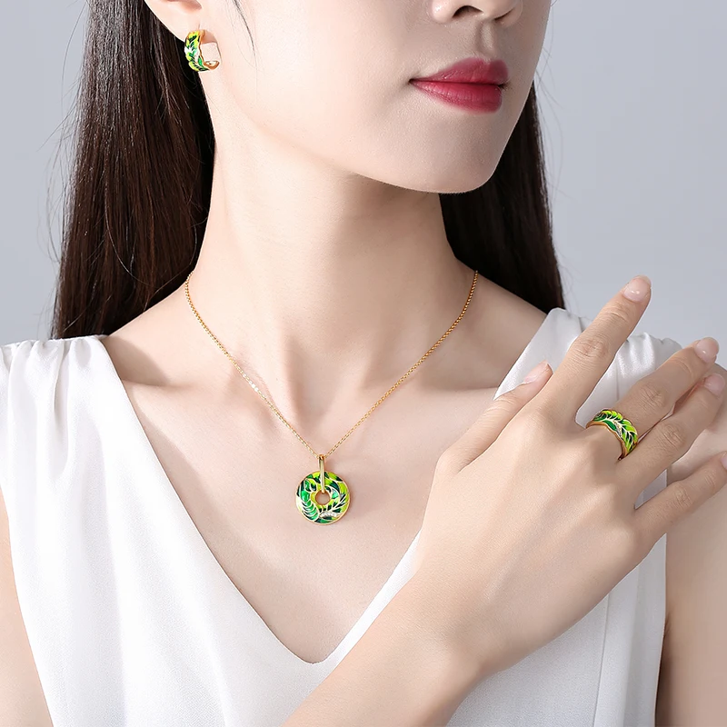 

Tongzhe Handmade Enamel Ring Green Jewerly Sets Aquatic Plant 925 Sterling Silver Earrings Necklace for Women Jewelry Set