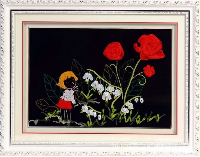 

Rose and girl Ribbon embroidery kit flower picture painting set hand embroider handcraft kit DIY handmade needlework art plus