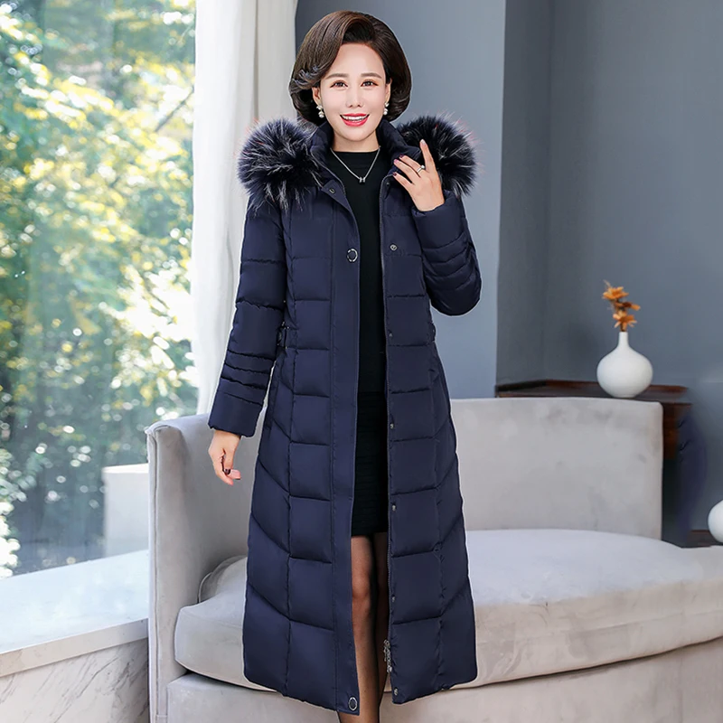 

2020 Winter Women's Jacket X-Long Solid Slim Hooded Parkas for Woman with Fur Collar Plus Size Office Ladies Thick Coat Female