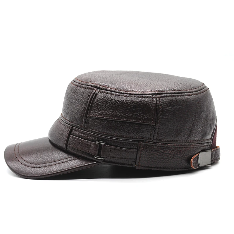 Cow Leather Flat Peak Baseball Cap&ampHats for men winter warm army hat adjustable ear flat black brown cap B28 | Аксессуары для