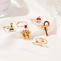6pcsset new christmas elk santa ring for women fashion cute gold color drip glaze adjustable finger ring holiday party jewelry