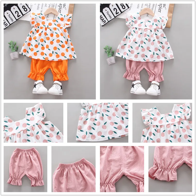 

2021 Summer New 0-4 Years Old Baby Boy Girl Children's Suit Full-printed Small Orange Vest + Pants Two-piece Suit