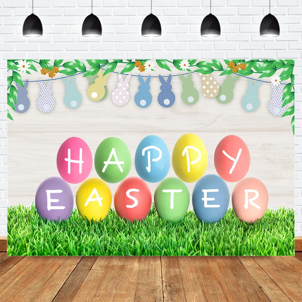 

Happy Easter Photography Backdrop Photocall Rabbit Wooden Wall Spring Green Grassland Background Bunny Easter Party Banner Props