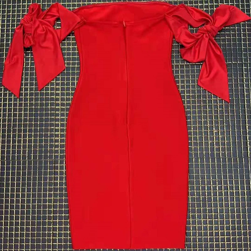 

Fashion Dress Women Midi Dress Sexy Black Pink Red Off Shoulder Bow Design Bandage Dress Cocktail Clubwear Vestidos Wholesale