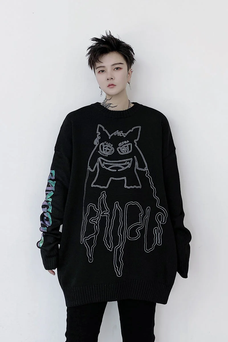 

IEFB Men's Wear Pullover Kint Clothes Monster Pattern Long Sleeve Letter Printing Loose Thick Round Collar Sweater 2021 9Y4118