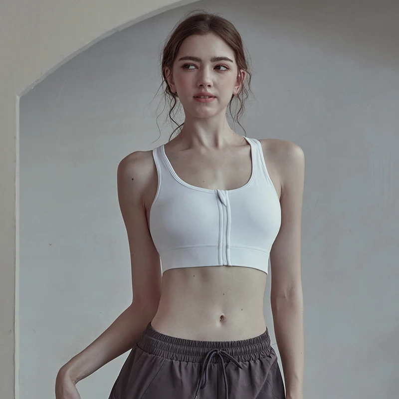 Women Sports Bras Tights Crop Top Cross Back Yoga Vest Front Zipper Shockproof Underwear Gym Push Up Fitness Athletic Brassiere