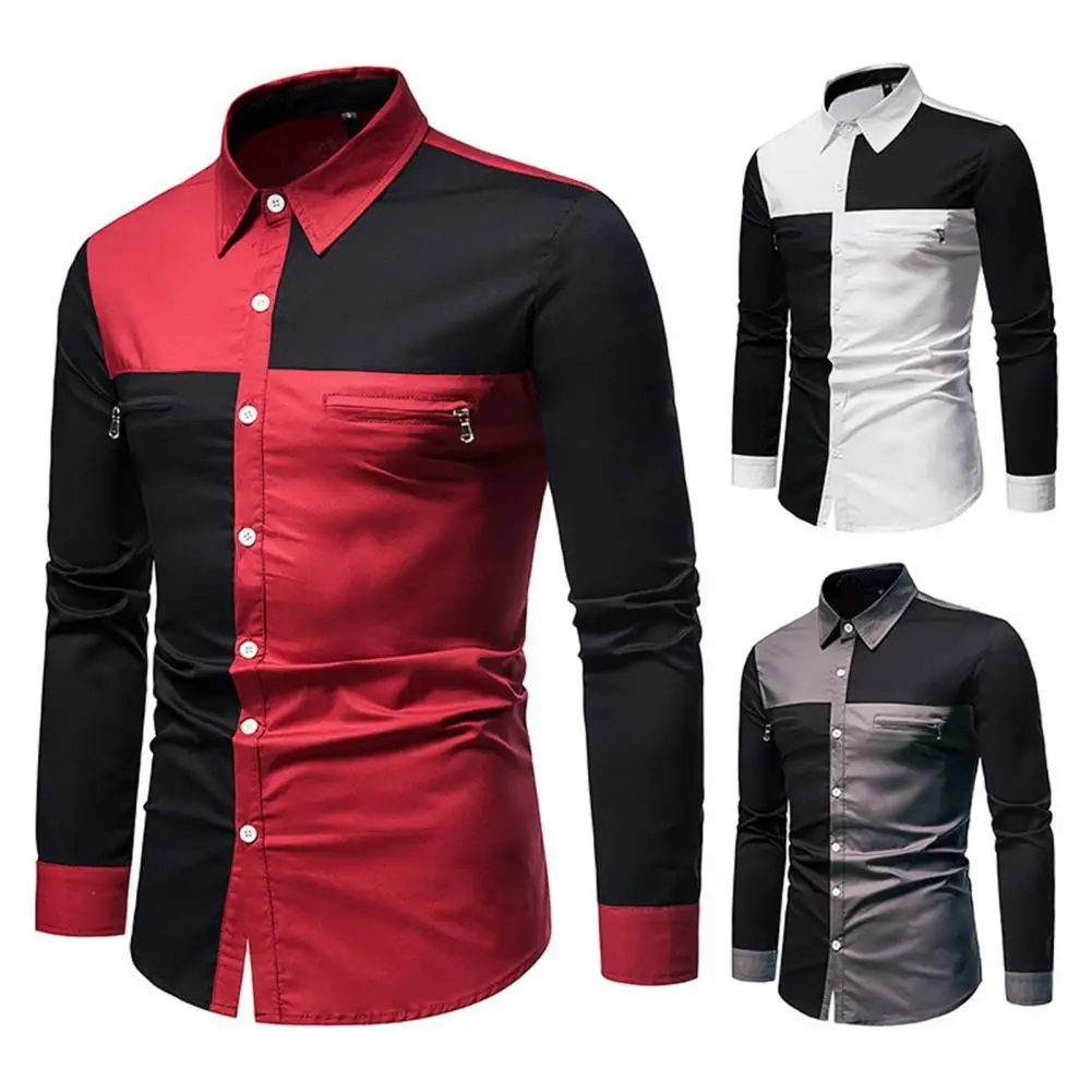 

Men Shirts Patchwork Long Sleeve Zipper Design Turn-down Collar Business Shirt Blouse Streetwear Men's Summer Business Shirt
