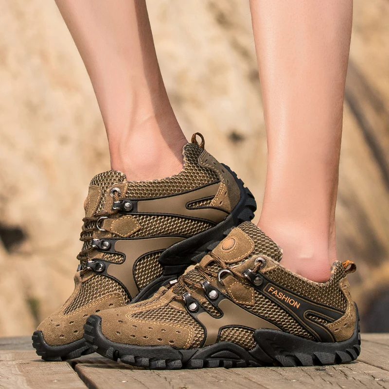 Outdoor Breathable Mens Trekking Shoes Yellow Mesh Camping Climbing Shoes Men Wading Shoes Non-Slip Tourism Hiking Sneakers Men