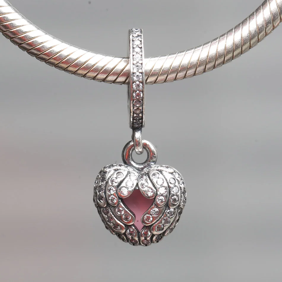 

S925 серебро DIY Ювелирные изделия ангельские крылья Подвеска Шарм подходит для женского браслета браслет прозрачный CZ Розовая эмаль