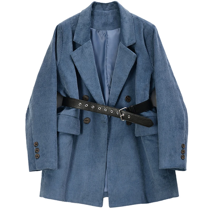 

Vintage Corduroy Coat Women Blazer Autumn 2021 Fashion Blue Double Breasted Suit Collar Loose Jacket With Belt Casual Blazer