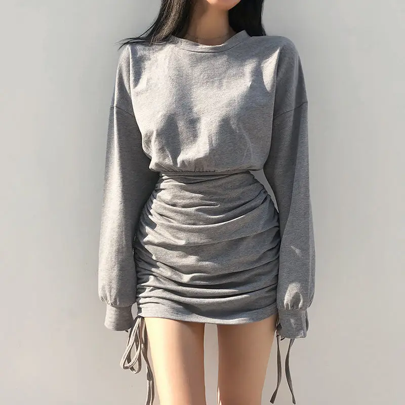 

Chic Dress Harajuku Drawstring Ruched Solid Bodycon Mini Dress Long Sleeve Casual Women Dresses Streetwear