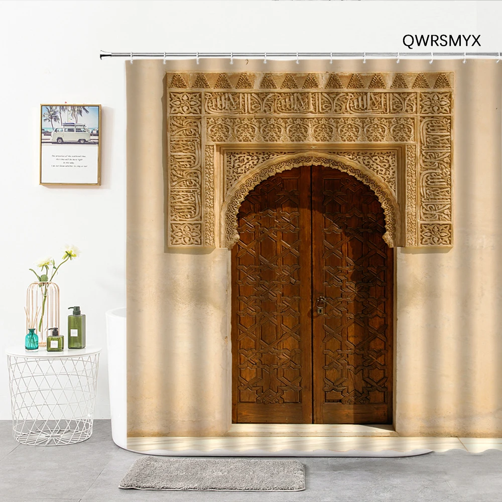 

Moroccan Bronze Gate Shower Curtains Retro Ornate Color Pattern Door Bathroom Decor Curtain Home Background Wall Hanging Cloth