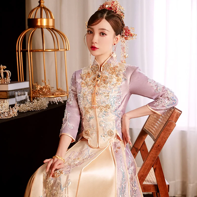 Purple Exquisite Sequins Embroidery Beads Tassel Chinese Traditional Bride Groom Wedding Dress Marry Cheongsam Свадебное платье