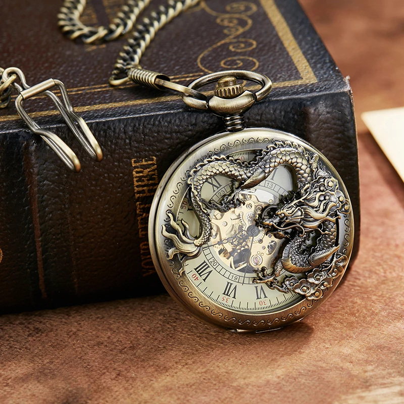 Lucky Dragon Hollow Mechanical Pocket Watch Antique Steampunk Skeleton Dial Bronze Fob Chain Clock for Men Women Dropshipping