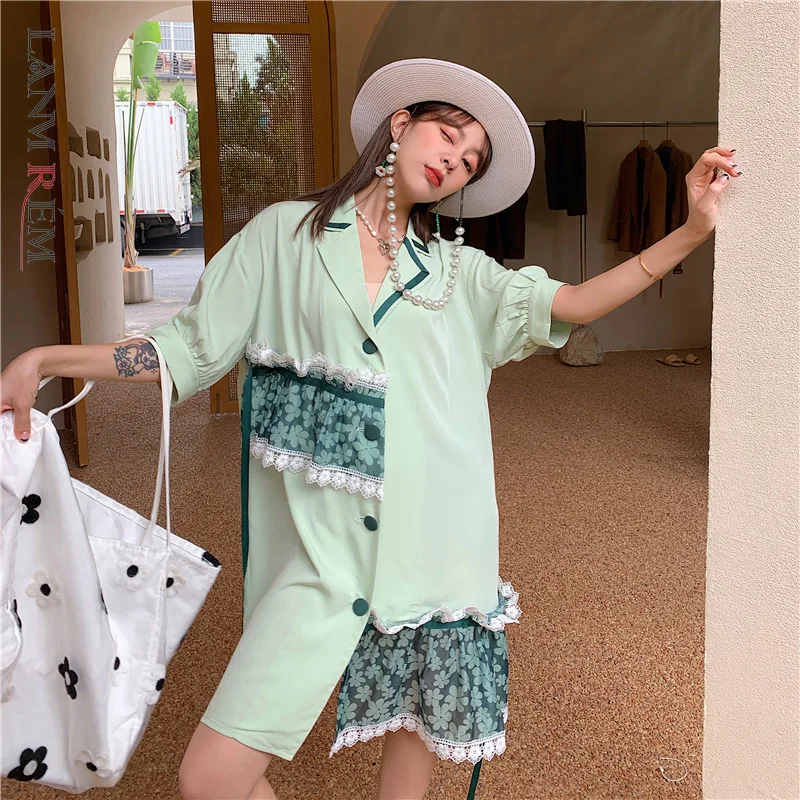 

LANMREM Women's Blouse Ruffles Patchwork Irregular Short Sleeve Floral Print Long Shirts Lace Summer 2021 New Arrival 2K1813