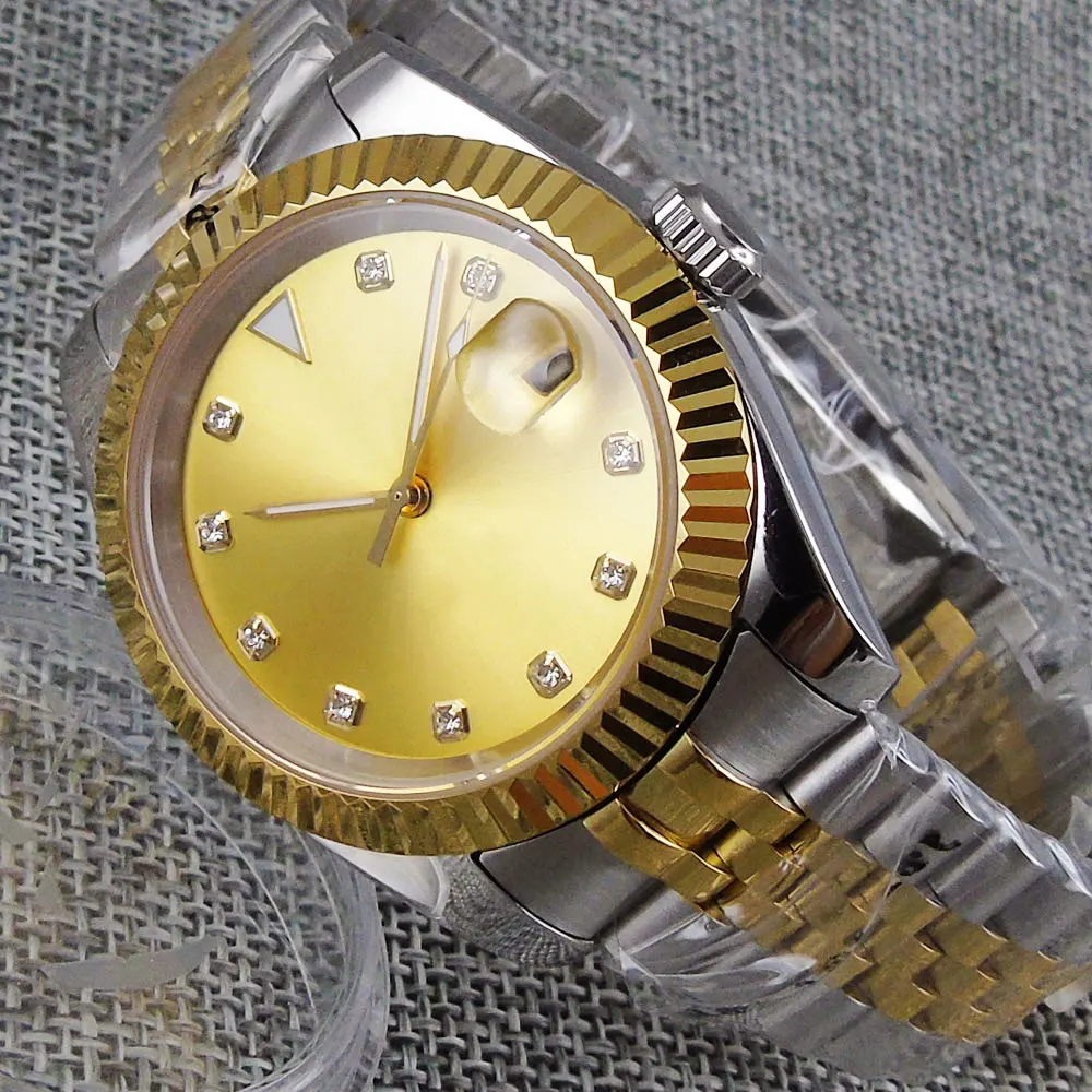 

Sterile 36mm Steel Gold Dial Men Watch Sapphire Crystal Gold Fluted Bezel MIYOTA 8215 Automatic Wristwatch Jubilee