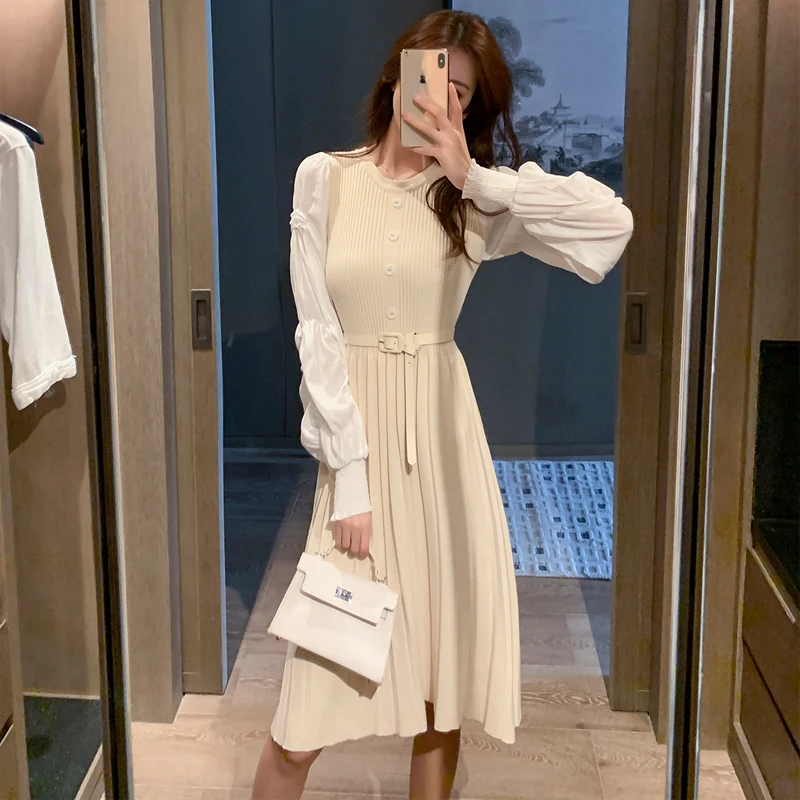 COIGARSAM лоскутное женское цельнокроеное платье корейские новые вязаные платья с