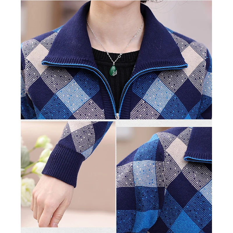 Зимнее теплое пальто для пожилых женщин клетчатый свитер с отложным воротником