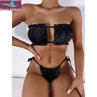 Пикантный черный блестящий комплект бикини-бандо SINO.TREND 2021, женская одежда для плавания с завязками сбоку, женский купальный костюм без бретелек, купальный костюм