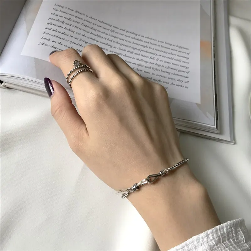 

A00958 Punk 100% 925 Sterling Silver Minimalist Square Letter Box Chain Button Charm Bracelet for Women Hip Hop Jewelry