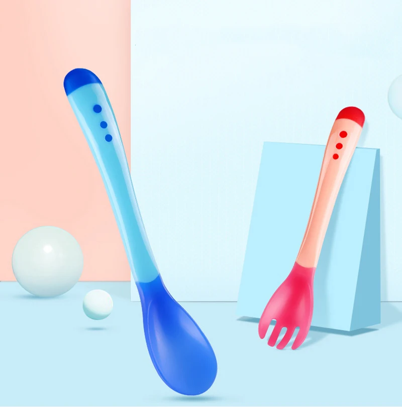 

Baby Soft Silicone Spoon Fork Toddler Candy Color Temperature Sensing Spoons Infant Feeding Tools Flatware Children Utensils