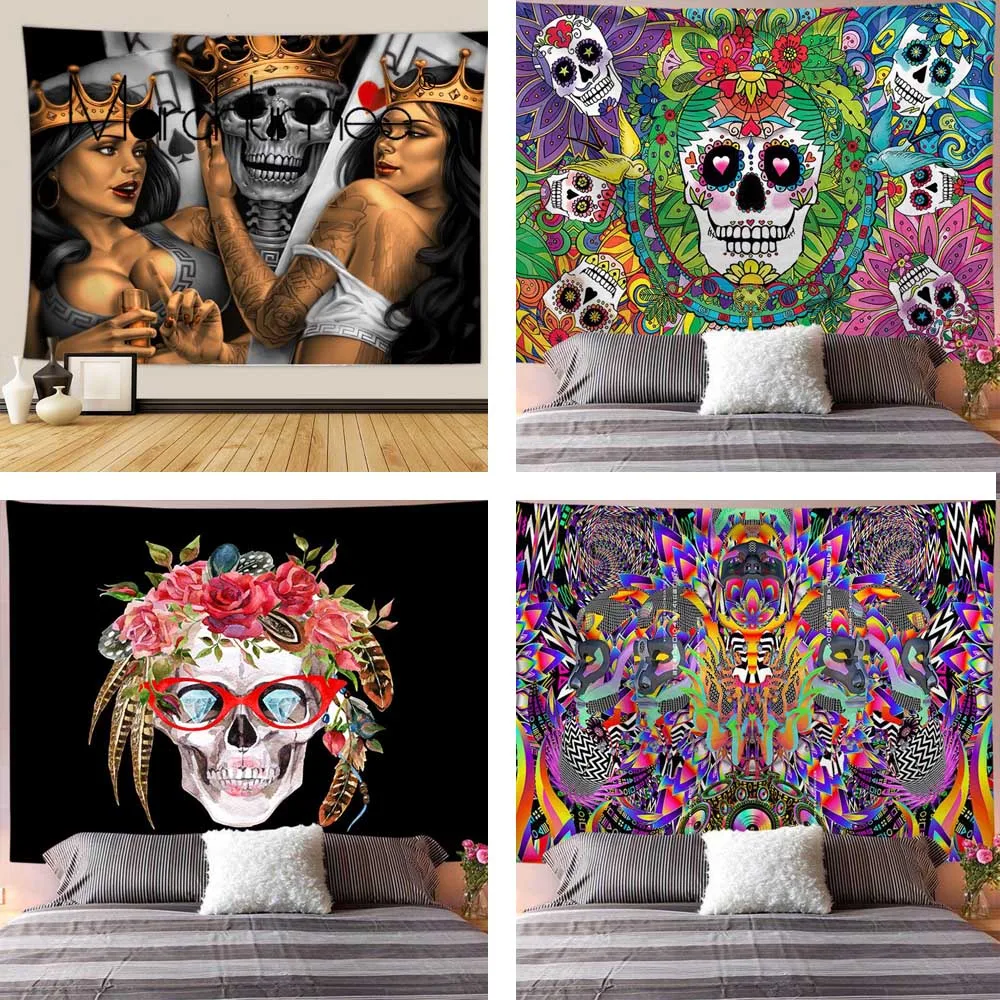 Психоделический Король Череп из полиэстера настенный гобелен для гостиной